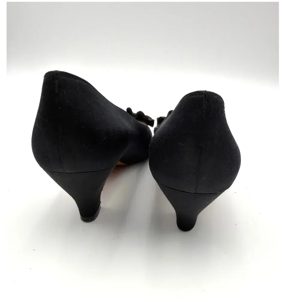 Salvatore Ferragamo 7.5 N 7.2 AA Black Satin Jewel Buckle Kitten Heels VTG READ